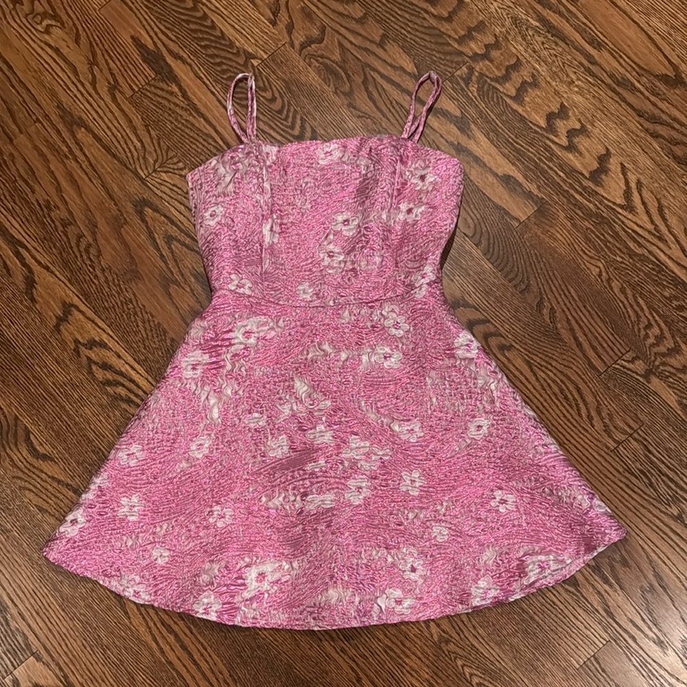 Lulus Dreamy Babe Pink Floral Jacquard Mini Skater Dress - Size S - Picture 4 of 5